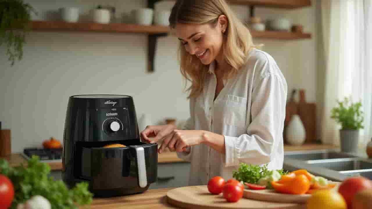 Χαρούμενη γυναίκα που μαγειρεύει με Air Fryer